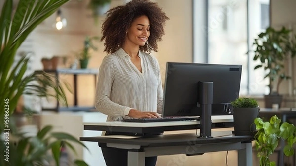 Fototapeta Woman using standing desk in modern office for improved ergonomics and wellness