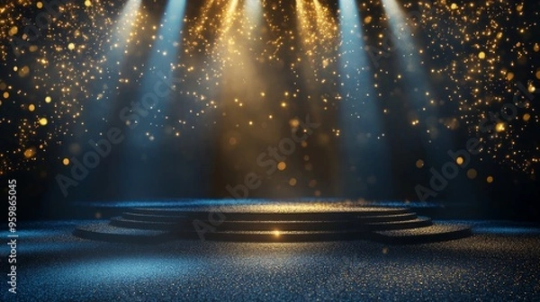 Fototapeta Dark blue stage with golden spotlight lines and glitter texture for award ceremony design. Realistic 3d abstract premium elegant glamour background template for anniversary or winner rewarding