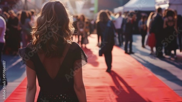 Fototapeta A woman with wavy hair stands on a bustling red carpet, the soft glow of lights creating a glamorous atmosphere as people mingle and chatter around her.