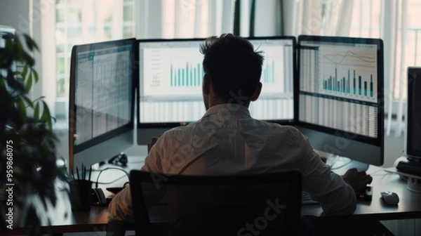 Fototapeta An individual working intently at a desk surrounded by multiple monitors displaying analytical data in a bright office.