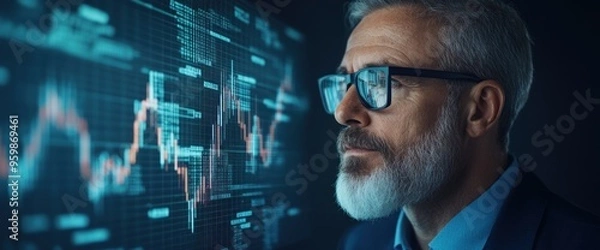 Fototapeta A man in a suit is looking at a computer screen with a lot of numbers and graphs