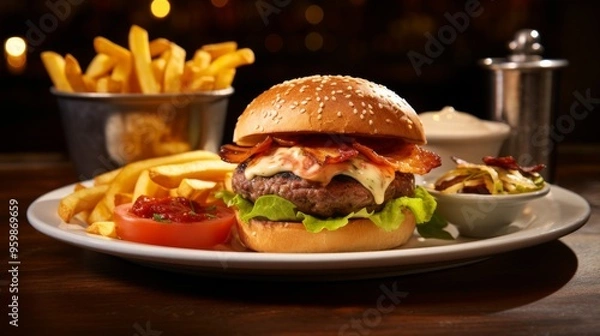 Fototapeta Delightful burger with crispy bacon and fries served in a rustic restaurant at dinner time