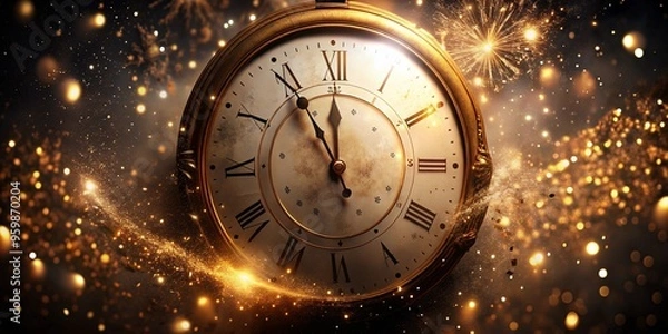 Fototapeta a beautiful vintage clock displaying the time at nearly midnight surrounded by festive decorations and golden sparkles signifying the arrival of a new year