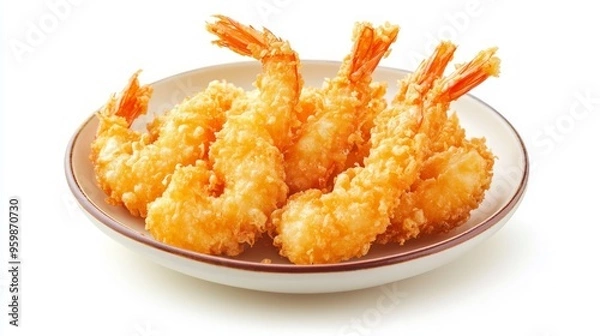 Fototapeta Ebi fry (Japanese fried shrimp) isolated on white background. Japanese Ebi Fry is shrimp that has been peeled, coated in flour, dipped in egg batter, then breaded and fried in oil