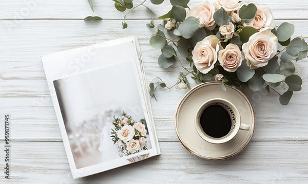 Fototapeta A flat lay on a white wooden table features an open wedding magazine, flowers, and a cup of coffee on the side.