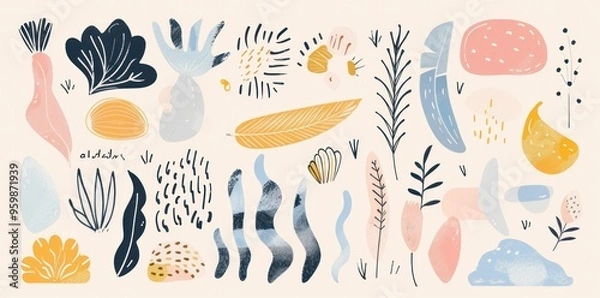 Fototapeta Abstract botanical patterns in pastel colors with shapes and textures on a light background