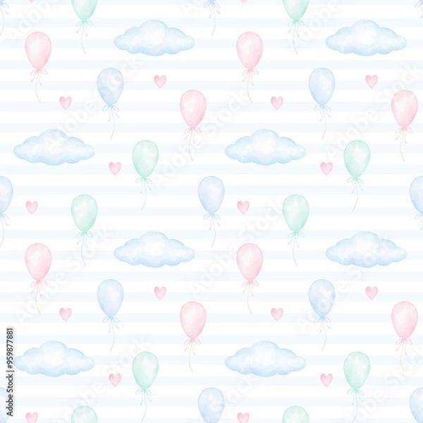 Fototapeta Watercolor seamless pattern with balloons, hearts and clouds in pastel shades on striped background for textiles and wrapping paper. Children's pattern