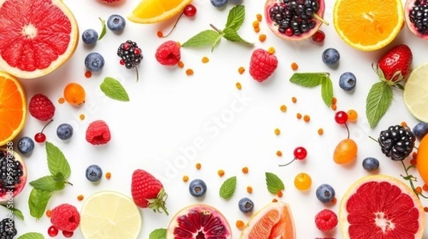 Fototapeta A vibrant assortment of fruits and berries arranged around a white background, featuring citrus slices, raspberries, blueberries, and mint leaves. Ideal for food-related designs and healthy lifestyle