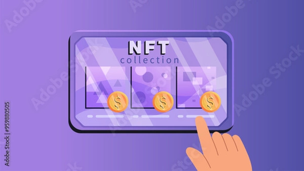 Obraz Touch screen tablet. Tablet with digital NFT collection, NFT concept. Human hand using tablet. Vector illustration in flat style.