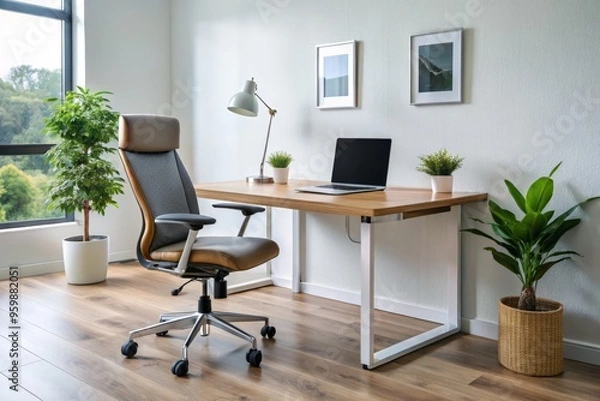 Fototapeta Modern office desk design features built-in charging ports and an ergonomic chair, creating a workspace that balances