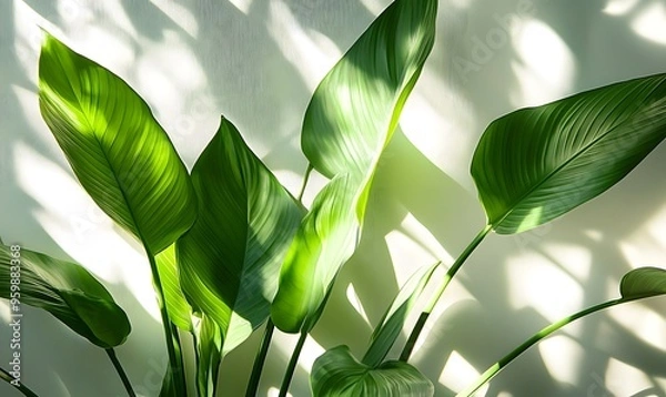 Fototapeta large green leaves in the foreground, with sunlight casting long shadows on white wallpaper, Generative AI
