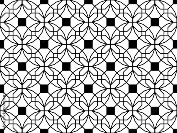 Fototapeta 20-sided icosagons, squares and hexagons form a classical style geometric seamless tessellation pattern in black