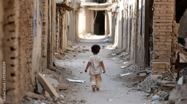 Fototapeta Child walking alone through a deserted alley with crumbling buildings