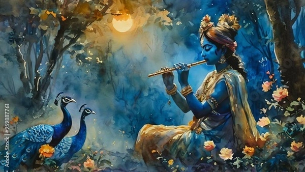 Obraz Krishna playing flute at night in forest in watercolor painting style  new beautiful stock image illustration AI