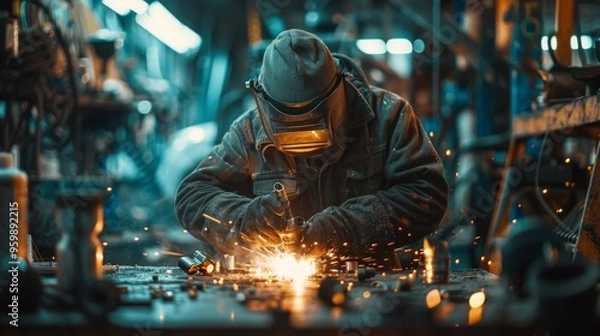 Fototapeta Expert Mechanic Welding Parts in a Vibrant Workshop Creating Sparks of Innovation and Craftsmanship