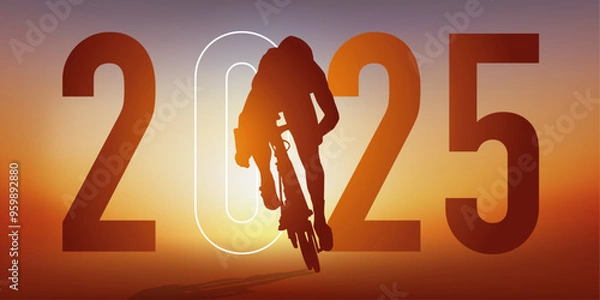 Fototapeta Concept du sport sur le thème du cyclisme pour une carte de vœux 2025, montrant un cycliste qui sprint pour passer la ligne d’arrivée.