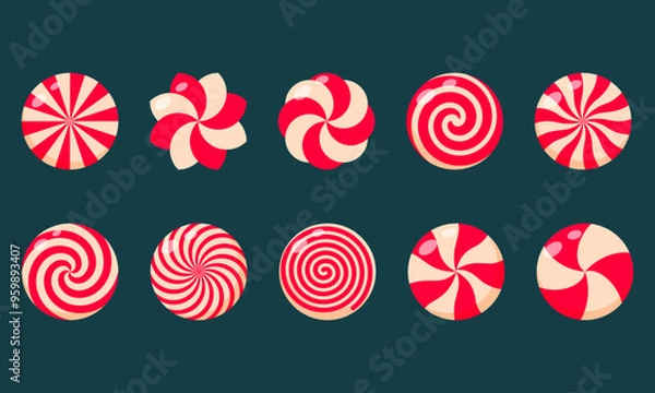 Fototapeta Christmas candy set. Peppermint round candies red and white collection. Assorted striped and swirl caramel without wrapper.