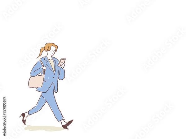 Obraz 携帯、スマホを持って歩くスーツを着た女性