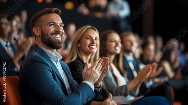 Obraz Engaged audience clapping at a lively conference presentation event