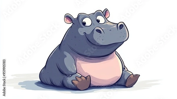 Fototapeta Cartoonized large and friendly hippo sitting with a big smile