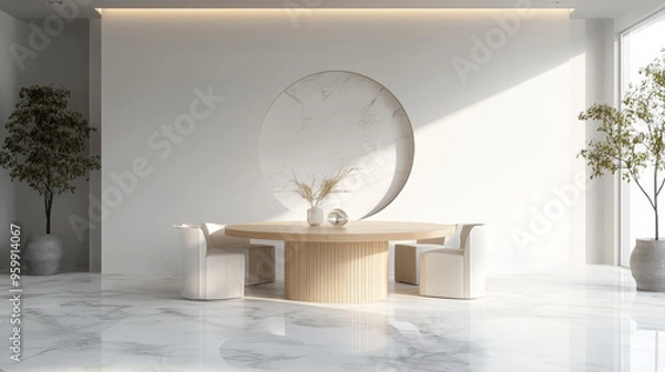Fototapeta "Minimalist dining room interior featuring a white marble floor, wooden dining table, sofa chairs, and a circular table with ceramic flooring. 3D rendering."







