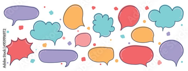 Fototapeta Set of doodle and speech bubble vector. Collection of contemporary figure, speech bubble in funky groovy style. Chat design element perfect for banner, print, sticker, cartoon.