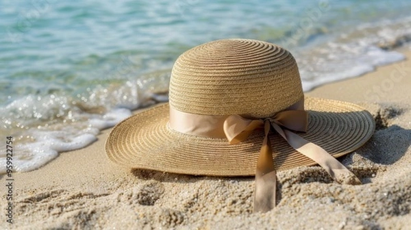 Fototapeta Straw hat on sandy beach with ocean in background.