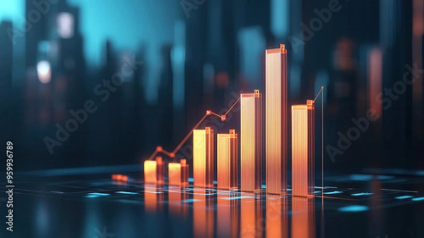 Fototapeta Power BI chart, bar graphs transitioning into city skyline, 3D illustration