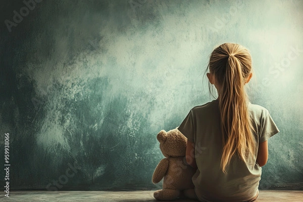 Obraz A little girl sits alone with her teddy bear, gazing at the wall in front of them. The background is a dark blue, and there is no visible light source. She has long, blonde hair tied back into pigtail