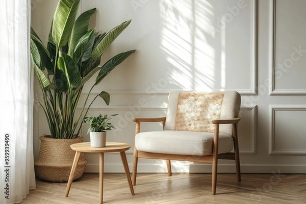 Fototapeta Minimalistic Indoor Seating with Wicker Chair and Potted Plants in Sunlit Corner