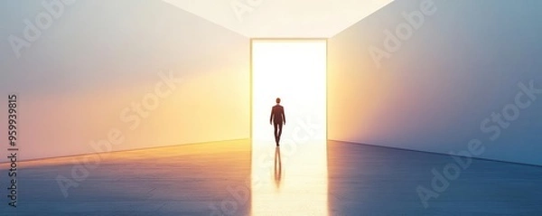 Fototapeta Person walking through an open door into a bright future, symbolizing new beginnings