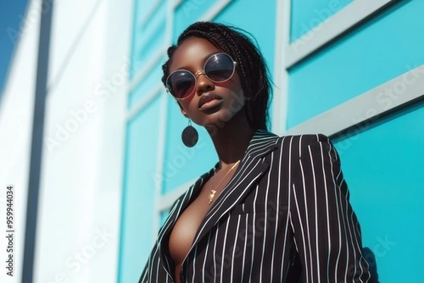Fototapeta A fashionable dark-skinned lady on a magazine cover. A stylish African American woman in a sharp blazer. Businesswoman in a glossy magazine.