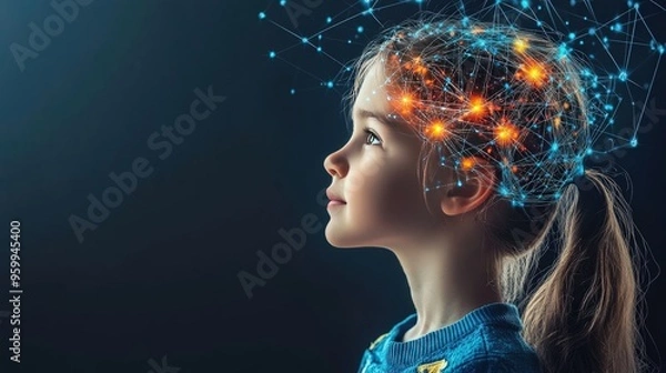 Fototapeta Child's cognitive growth Early creativity concept Brain development and neural activity visualization