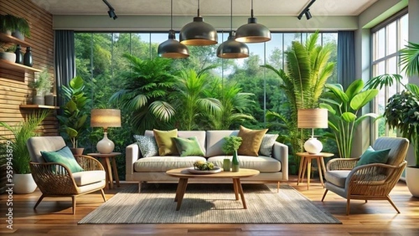 Obraz Soft gray sectional sofas and sleek coffee tables anchor the space, while lush potted palms and ferns add