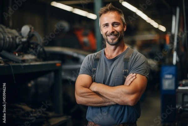 Fototapeta Portrait of a middle aged male car mechanic in workshop