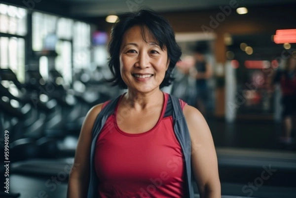 Obraz Smiling portrait of a middle aged slightly overweight woman in gym