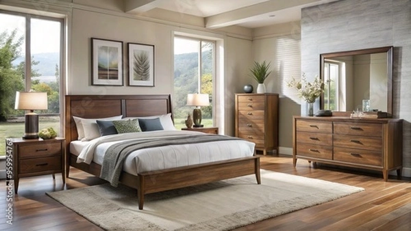 Obraz Sophisticated bedroom set featuring a platform bed, dresser, mirror, and nightstand in a neutral walnut finish.