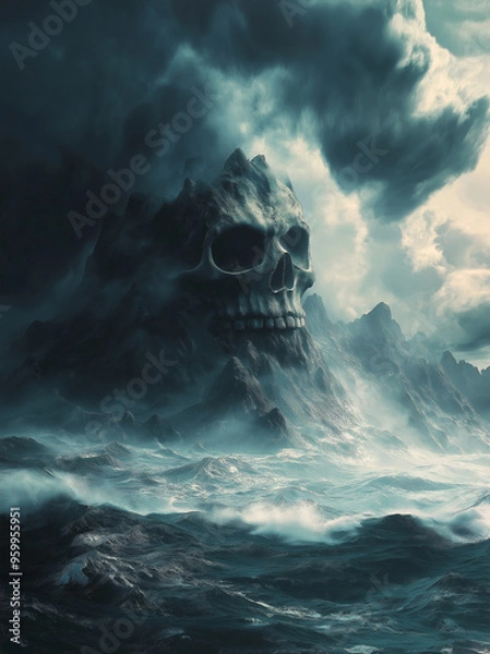 Fototapeta Mountain peak with a skull shaped cave entrance. Near the ocean with crashing waves stormy weather. Horror pirate mystery concept. Cinematic skull cave entrance to the mountains