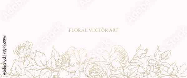 Fototapeta Luxury background with vintage rose bouquet pattern. Hand drawn botanical elegant flower in line art style with texture. Vector illustration for card, wedding invitation, wallpaper, cover, banner