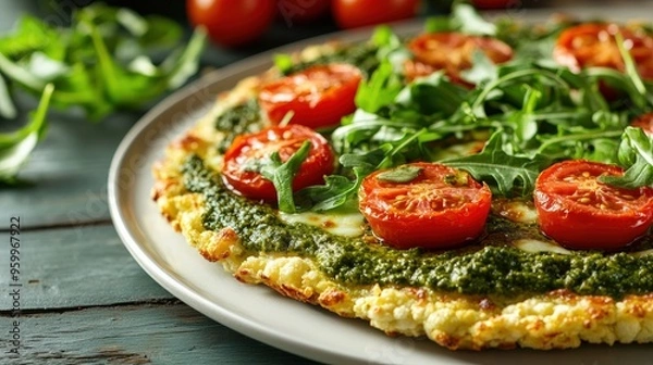 Fototapeta A vibrant cauliflower crust pizza is topped with fresh tomatoes, arugula, and pesto, showcasing a healthy, gluten-free alternative for any meal