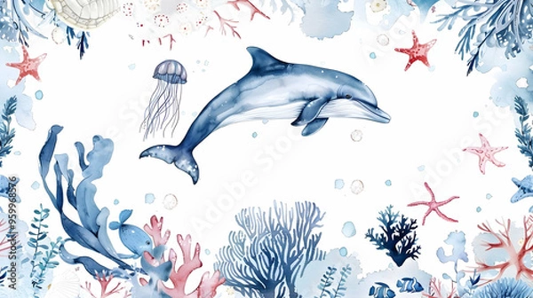 Fototapeta frame of sea animals. Blue watercolor ocean fish wreath, turtle, whale and coral. Shell aquarium mermaid submarine. Nautical dolphin marine illustration, jellyfish, starfish