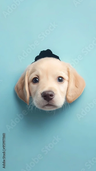 Fototapeta Curious expression of a puppy through a blue background