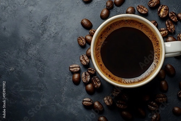 Fototapeta A steaming cup of coffee surrounded by falling coffee beans, creating an atmosphere full of warmth and joy.