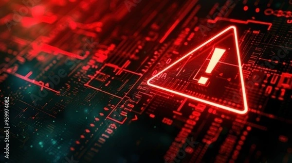 Fototapeta Cybersecurity Warning: Red Alert on Digital Circuitry