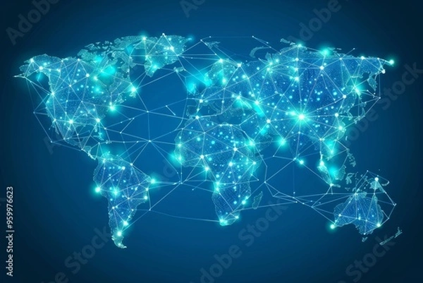 Fototapeta Global Network. Blue Abstract World Map With Glowing Points And Lines., 3D Illustration.