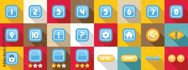 Obraz Select game level icons set. Collection of various buttons for casual game user interface design, featuring numbers, symbols, and common actions
