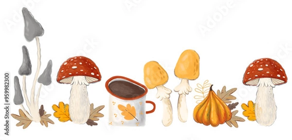 Fototapeta Illustration of borders on the theme of autumn. Mushrooms, a cup of fragrant tea, orange pumpkin.