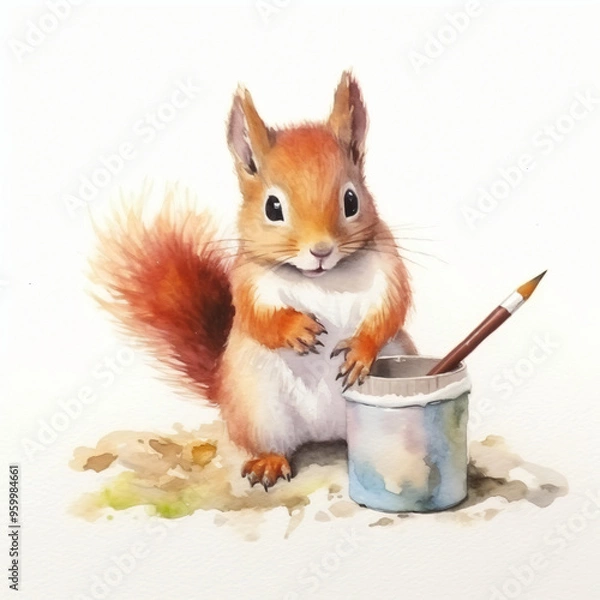 Fototapeta Baby Eichhörnchen malt mit stiften und pinseln