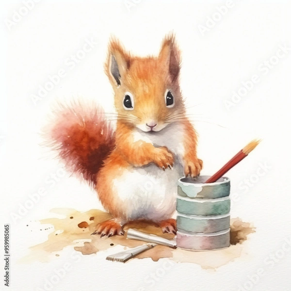 Fototapeta Baby Eichhörnchen malt mit stiften und pinseln