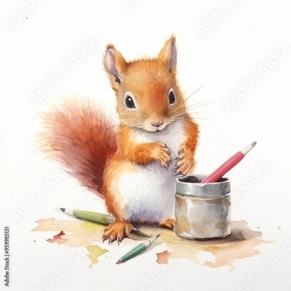Fototapeta Baby Eichhörnchen malt mit stiften und pinseln